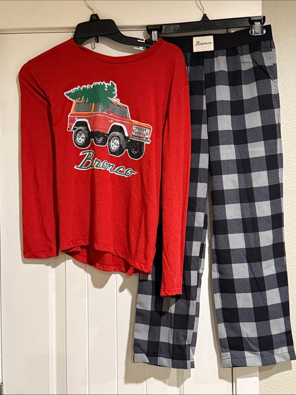 Kids Holiday Pajama Set - Red Ford Bronco Top with Black & Gray Plaid Pants